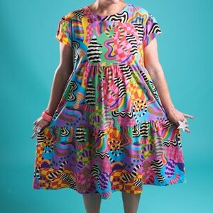 NOOWORKS Frida Dress in Squiggle Print - Rare, Limited Edition L / Large